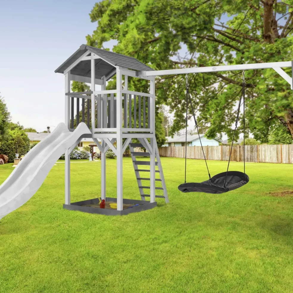 Aire de jeu Beach Tower Axi avec 1 balançoire Nid ovale et toboggan bleu