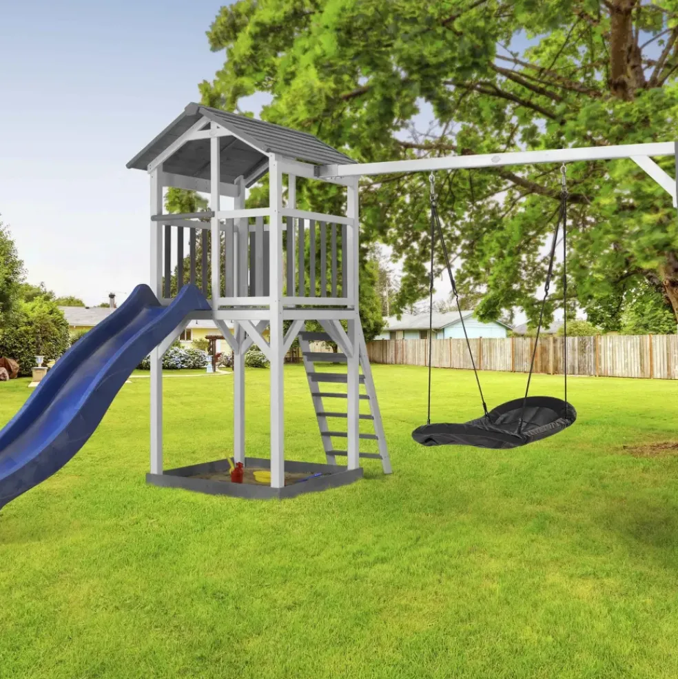 Aire de jeu Beach Tower Axi avec 1 balançoire Nid ovale et toboggan bleu
