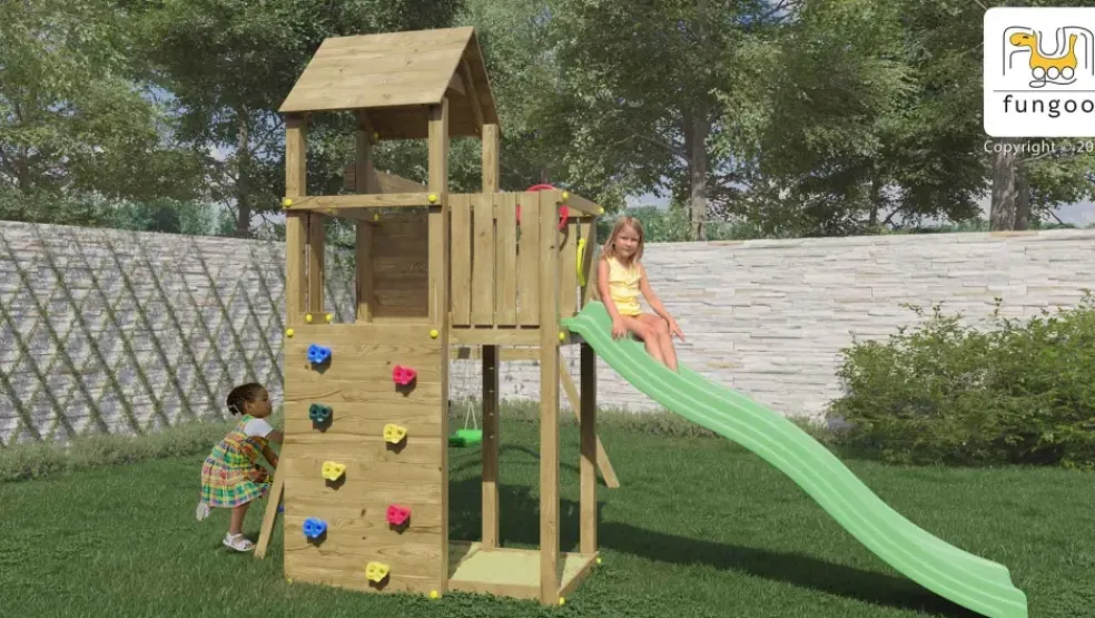 Aire de jeux avec bac à sable et 2 balançoires Boomer 3 de chez Fungoo