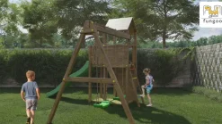 Aire de jeux avec bac à sable et 2 balançoires Boomer 3 de chez Fungoo