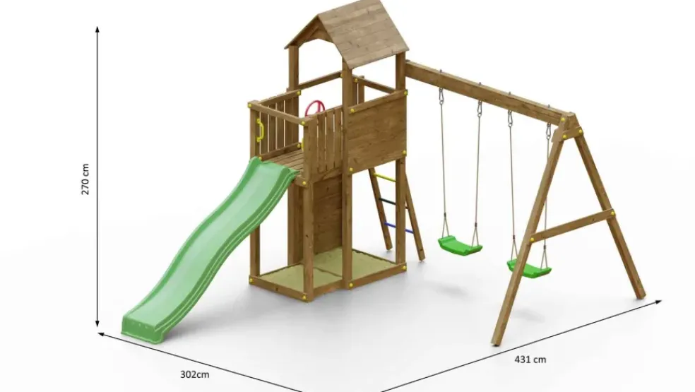 Aire de jeux avec bac à sable et 2 balançoires Boomer 3 de chez Fungoo