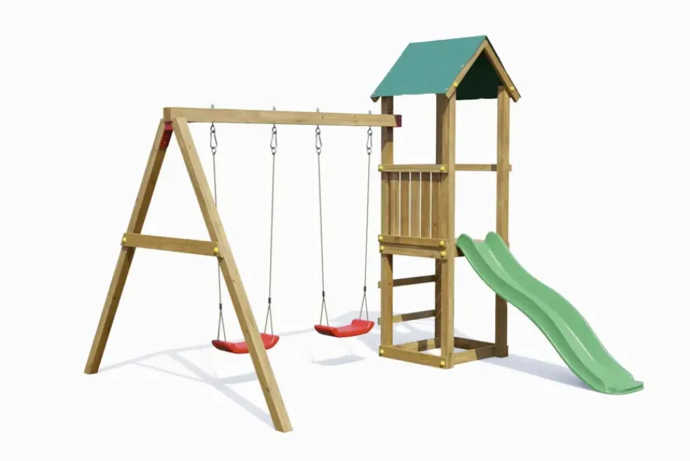 Aire de jeux avec toboggan, double balançoire en bois Lucas de Fungoo