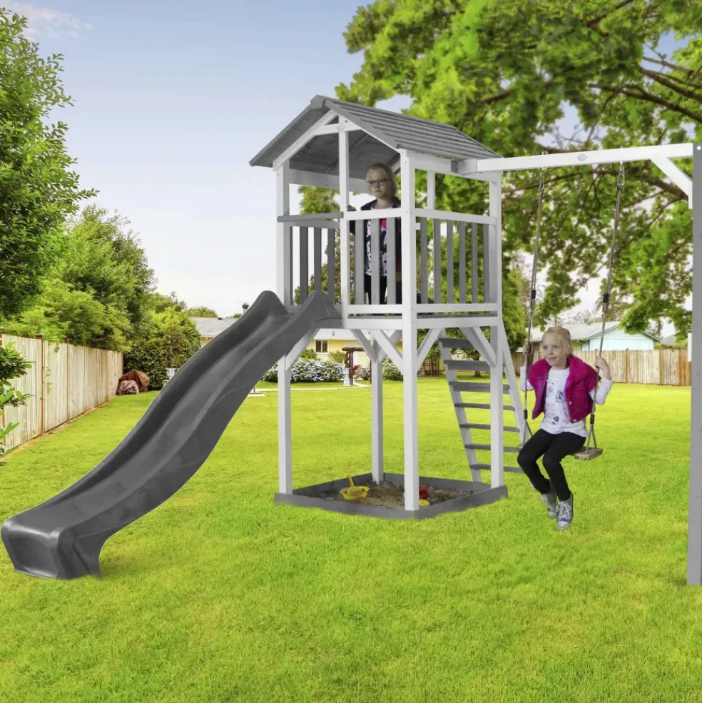 Aire de jeux Beach Tower Axi - 1 balançoire bois et toboggan bleu
