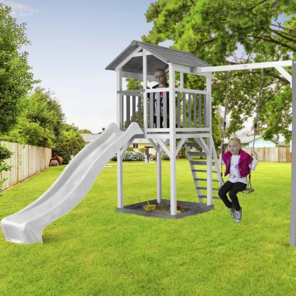 Aire de jeux Beach Tower Axi - 1 balançoire bois et toboggan bleu