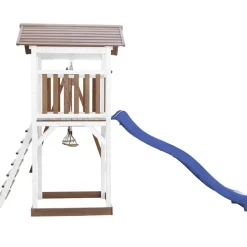 Aire de jeux en bois blanc/marron avec 2 balançoires et toboggan bleu Beach Tower Axi