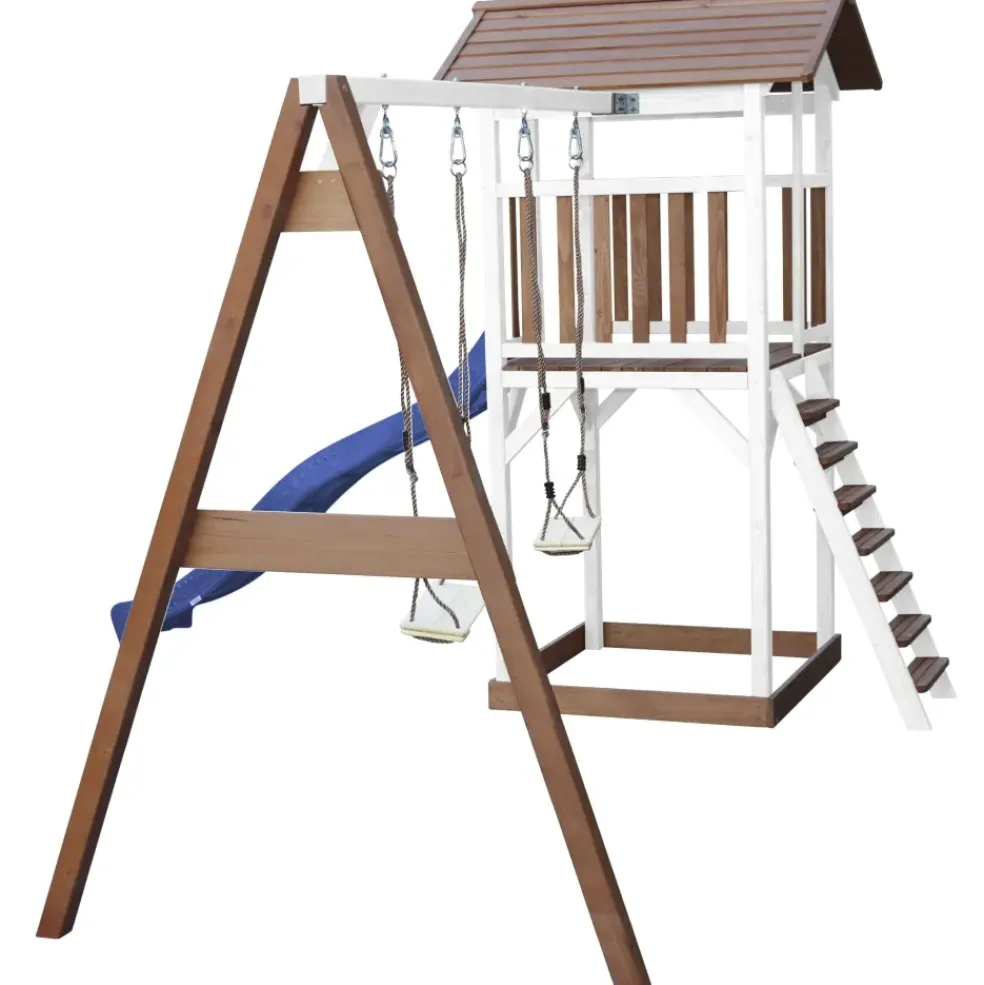 Aire de jeux en bois blanc/marron avec 2 balançoires et toboggan bleu Beach Tower Axi