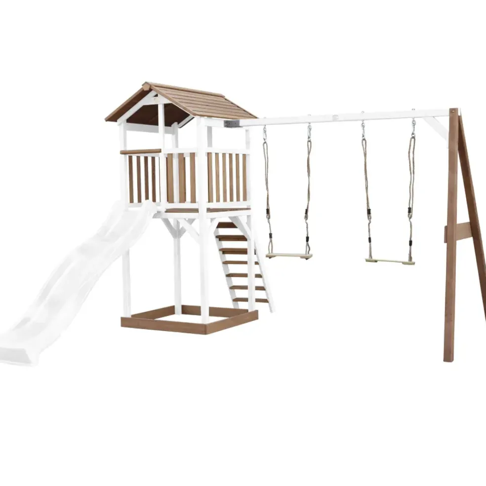 Aire de jeux en bois blanc/marron avec 2 balançoires et toboggan blanc Beach Tower Axi