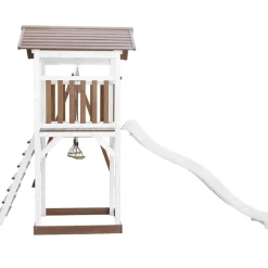 Aire de jeux en bois blanc/marron avec 2 balançoires et toboggan blanc Beach Tower Axi
