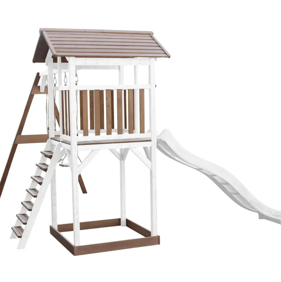 Aire de jeux en bois blanc/marron avec 2 balançoires et toboggan blanc Beach Tower Axi