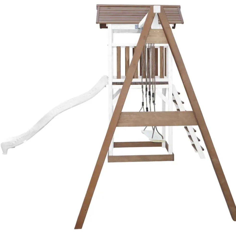 Aire de jeux en bois blanc/marron avec 2 balançoires et toboggan blanc Beach Tower Axi