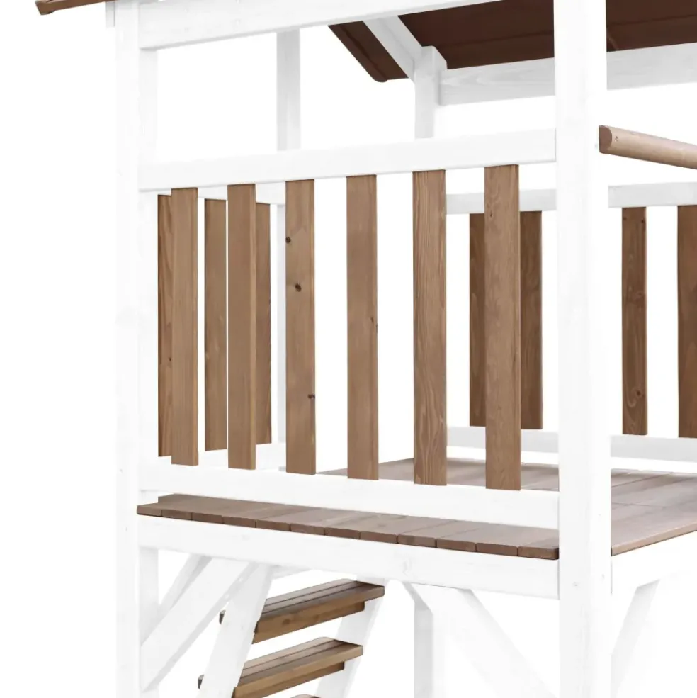 Aire de jeux en bois blanc/marron avec 2 balançoires et toboggan blanc Beach Tower Axi