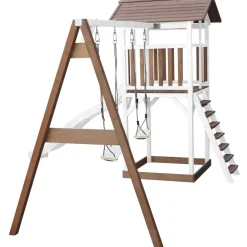 Aire de jeux en bois blanc/marron avec 2 balançoires et toboggan blanc Beach Tower Axi