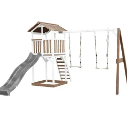 Aire de jeux en bois blanc/marron avec 2 balançoires et toboggan bleu Beach Tower Axi