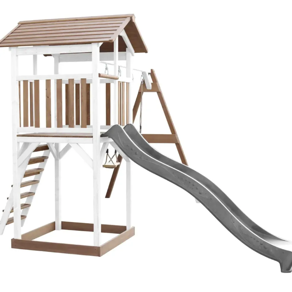 Aire de jeux en bois blanc/marron avec 2 balançoires et toboggan bleu Beach Tower Axi