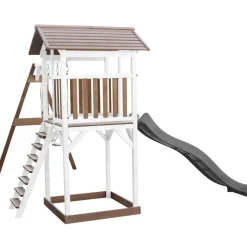 Aire de jeux en bois blanc/marron avec 2 balançoires et toboggan bleu Beach Tower Axi
