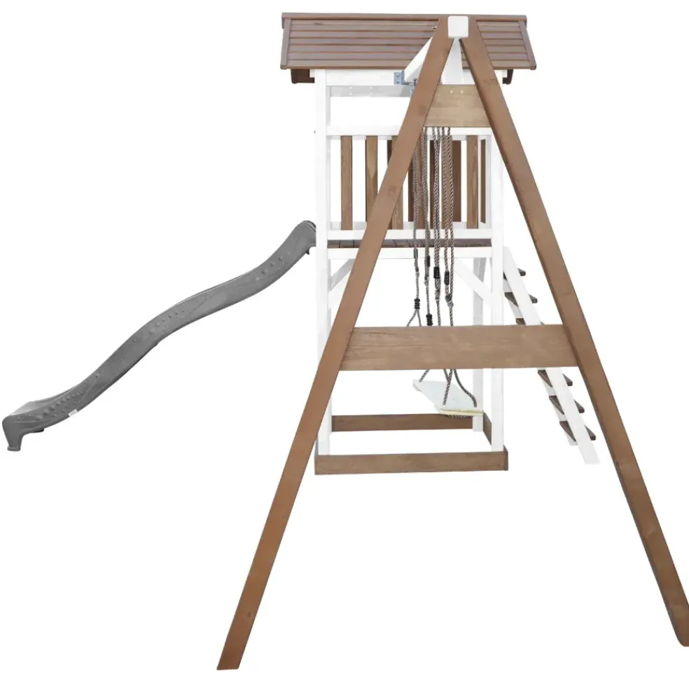 Aire de jeux en bois blanc/marron avec 2 balançoires et toboggan bleu Beach Tower Axi