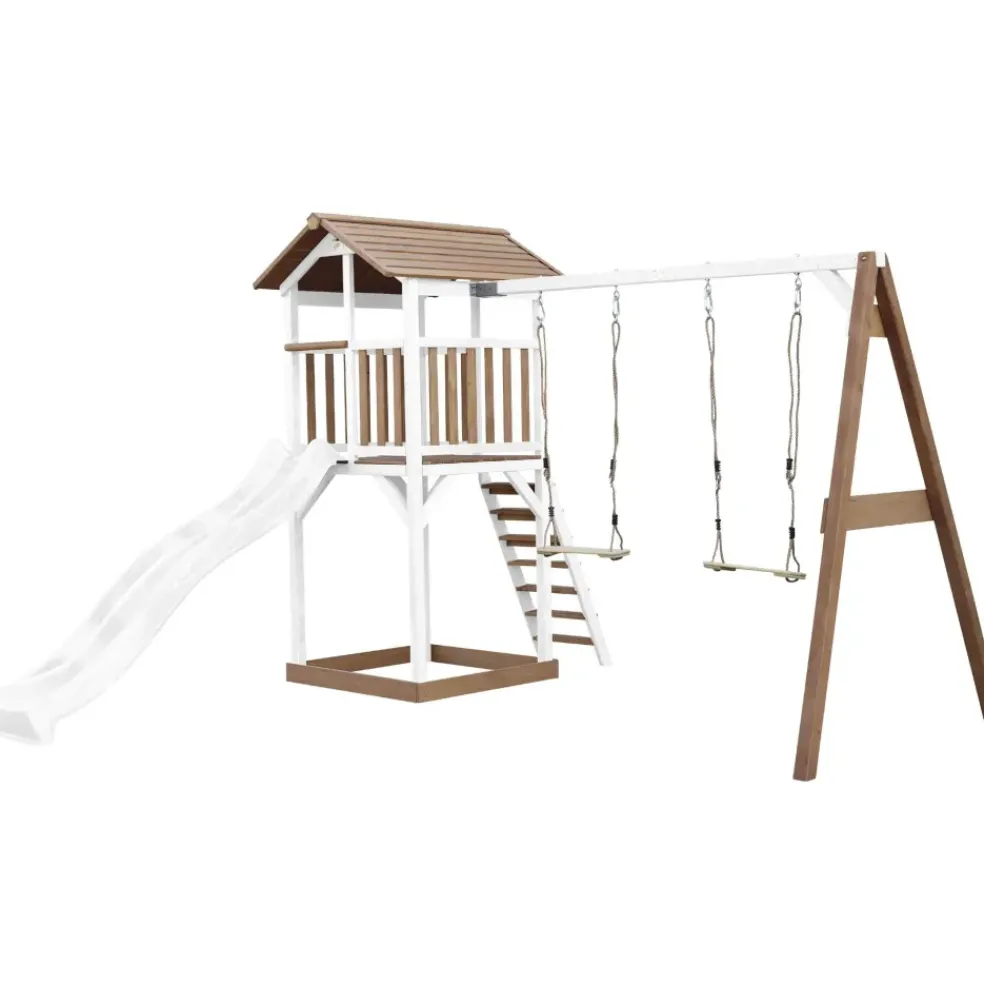 Aire de jeux en bois blanc/marron avec 2 balançoires et toboggan bleu Beach Tower Axi