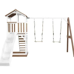 Aire de jeux en bois blanc/marron avec 2 balançoires et toboggan bleu Beach Tower Axi