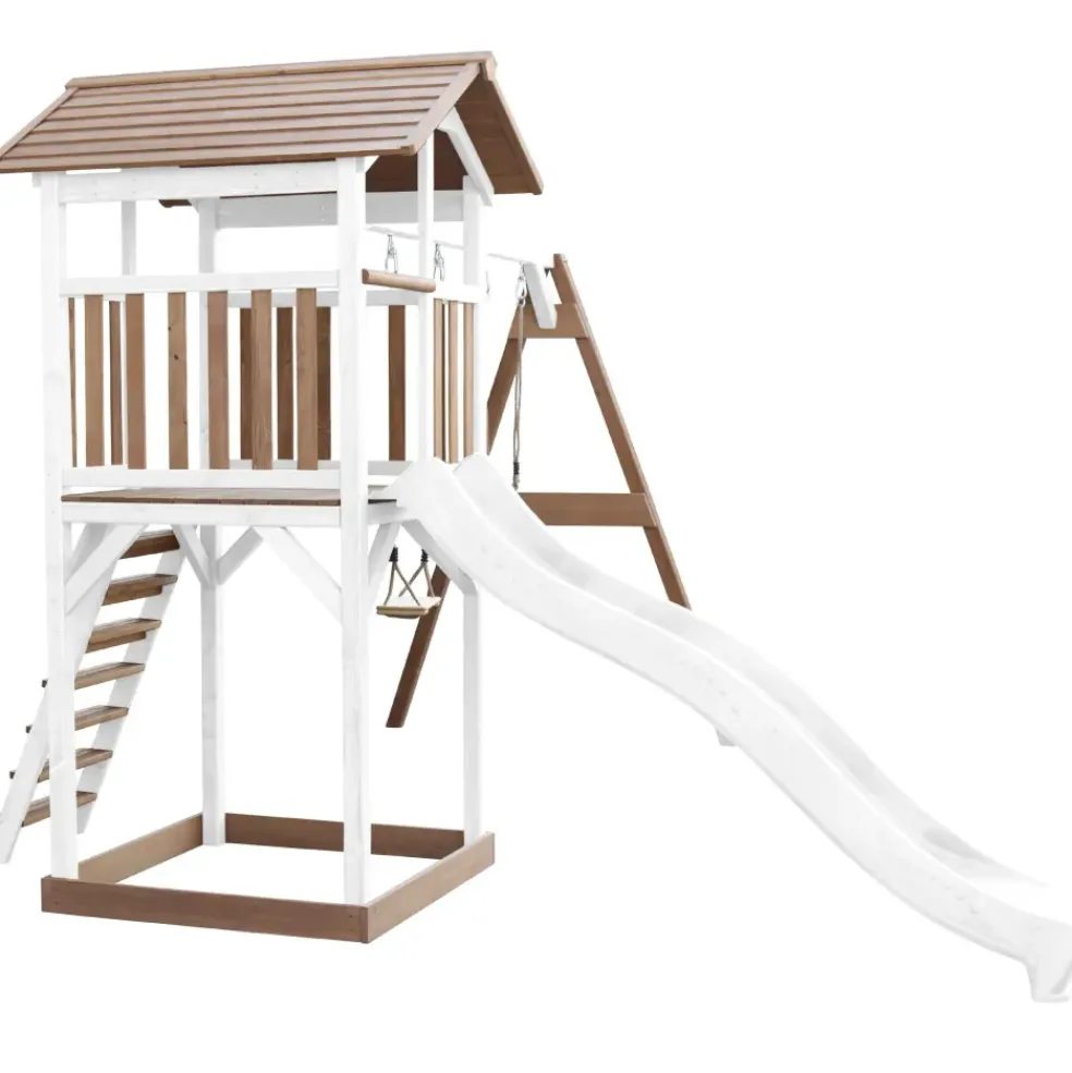 Aire de jeux en bois blanc/marron avec 2 balançoires et toboggan bleu Beach Tower Axi