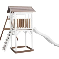 Aire de jeux en bois blanc/marron avec 2 balançoires et toboggan bleu Beach Tower Axi