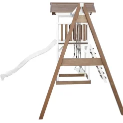Aire de jeux en bois blanc/marron avec 2 balançoires et toboggan bleu Beach Tower Axi