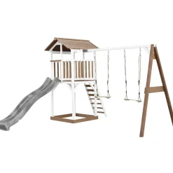 Aire de jeux en bois blanc/marron avec 2 balançoires et toboggan gris Beach Tower Axi