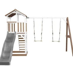 Aire de jeux en bois blanc/marron avec 2 balançoires et toboggan gris Beach Tower Axi