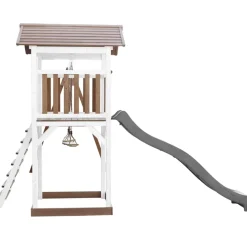 Aire de jeux en bois blanc/marron avec 2 balançoires et toboggan gris Beach Tower Axi