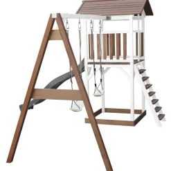 Aire de jeux en bois blanc/marron avec 2 balançoires et toboggan gris Beach Tower Axi
