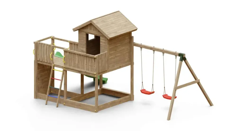 Aire de jeux en bois Galaxy L avec toboggan et maison de chez Fungoo