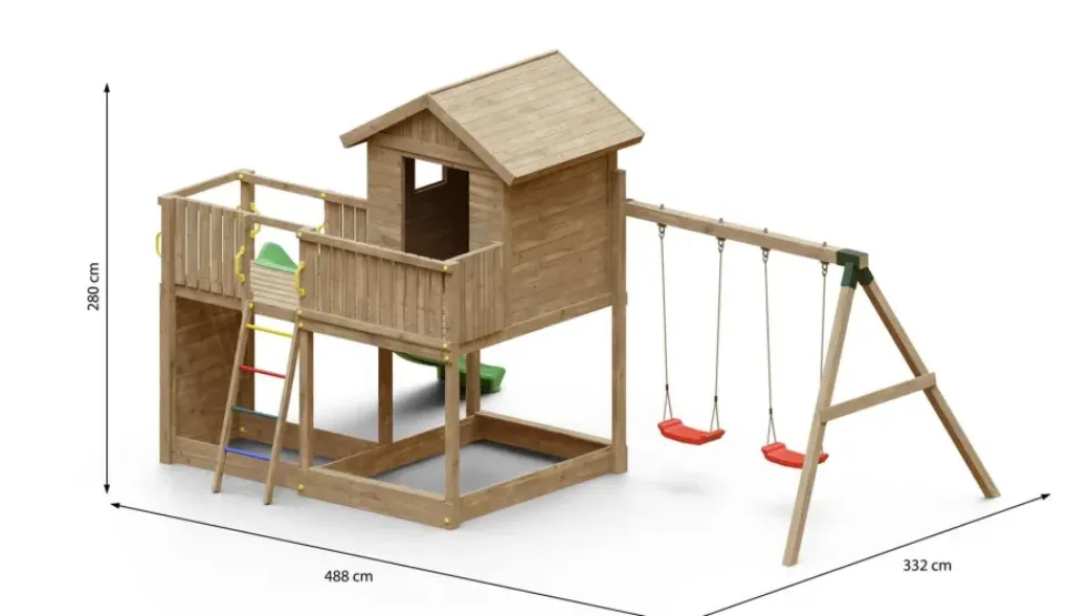 Aire de jeux en bois Galaxy L avec toboggan et maison de chez Fungoo
