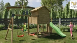 Aire de jeux en bois Galaxy L avec toboggan et maison de chez Fungoo