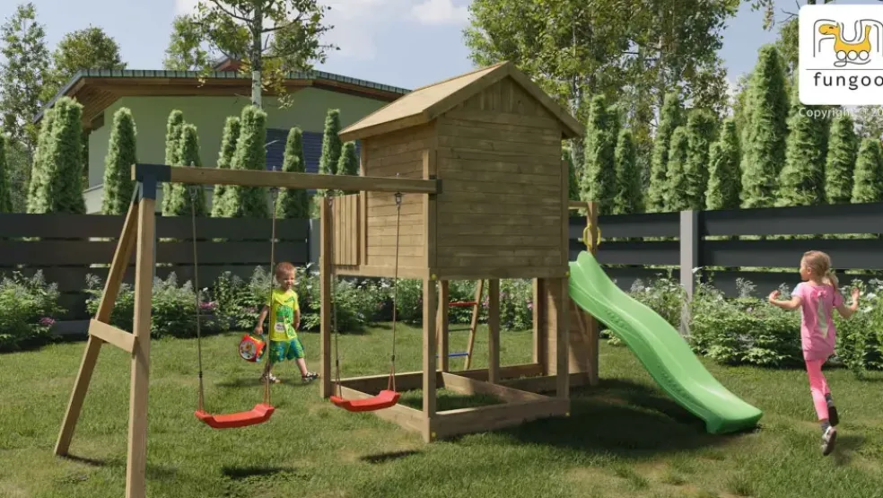 Aire de jeux en bois Galaxy L avec toboggan et maison de chez Fungoo