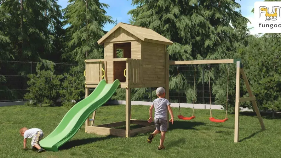 Aire de jeux en bois Galaxy S avec toboggan et maison de chez Fungoo