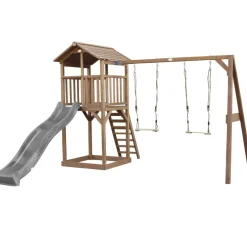 Aire de jeux en bois marron avec 2 balançoires et toboggan gris Beach Tower Axi