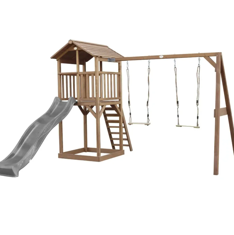 Aire de jeux en bois marron avec 2 balançoires et toboggan gris Beach Tower Axi