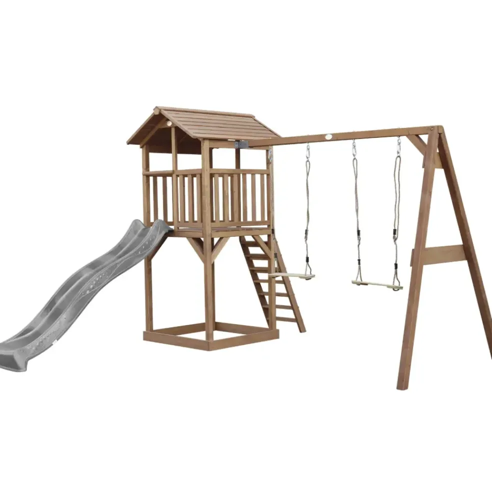 Aire de jeux en bois marron avec 2 balançoires et toboggan gris Beach Tower Axi