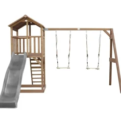 Aire de jeux en bois marron avec 2 balançoires et toboggan gris Beach Tower Axi