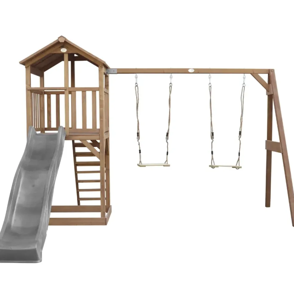 Aire de jeux en bois marron avec 2 balançoires et toboggan gris Beach Tower Axi
