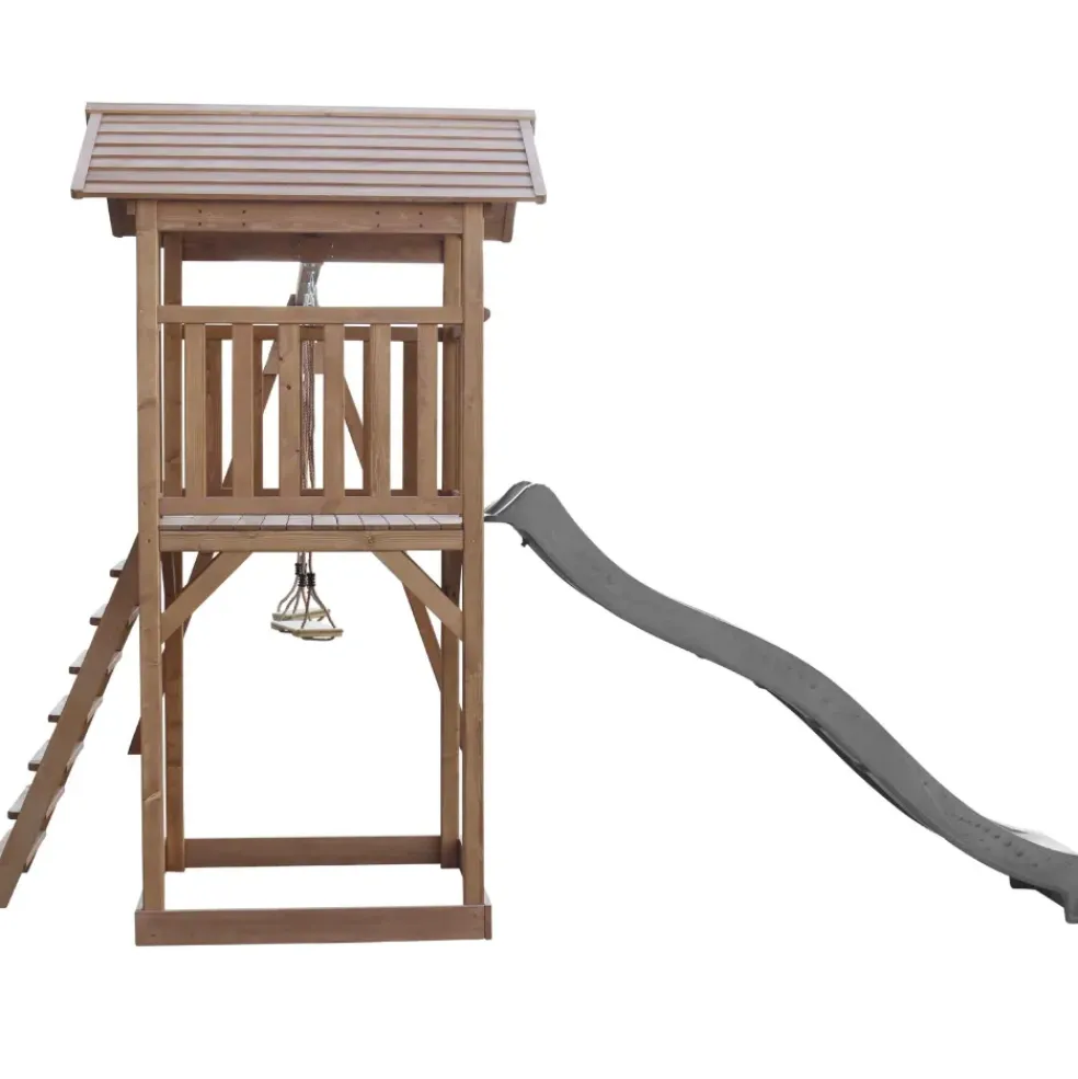 Aire de jeux en bois marron avec 2 balançoires et toboggan gris Beach Tower Axi
