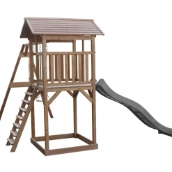 Aire de jeux en bois marron avec 2 balançoires et toboggan gris Beach Tower Axi