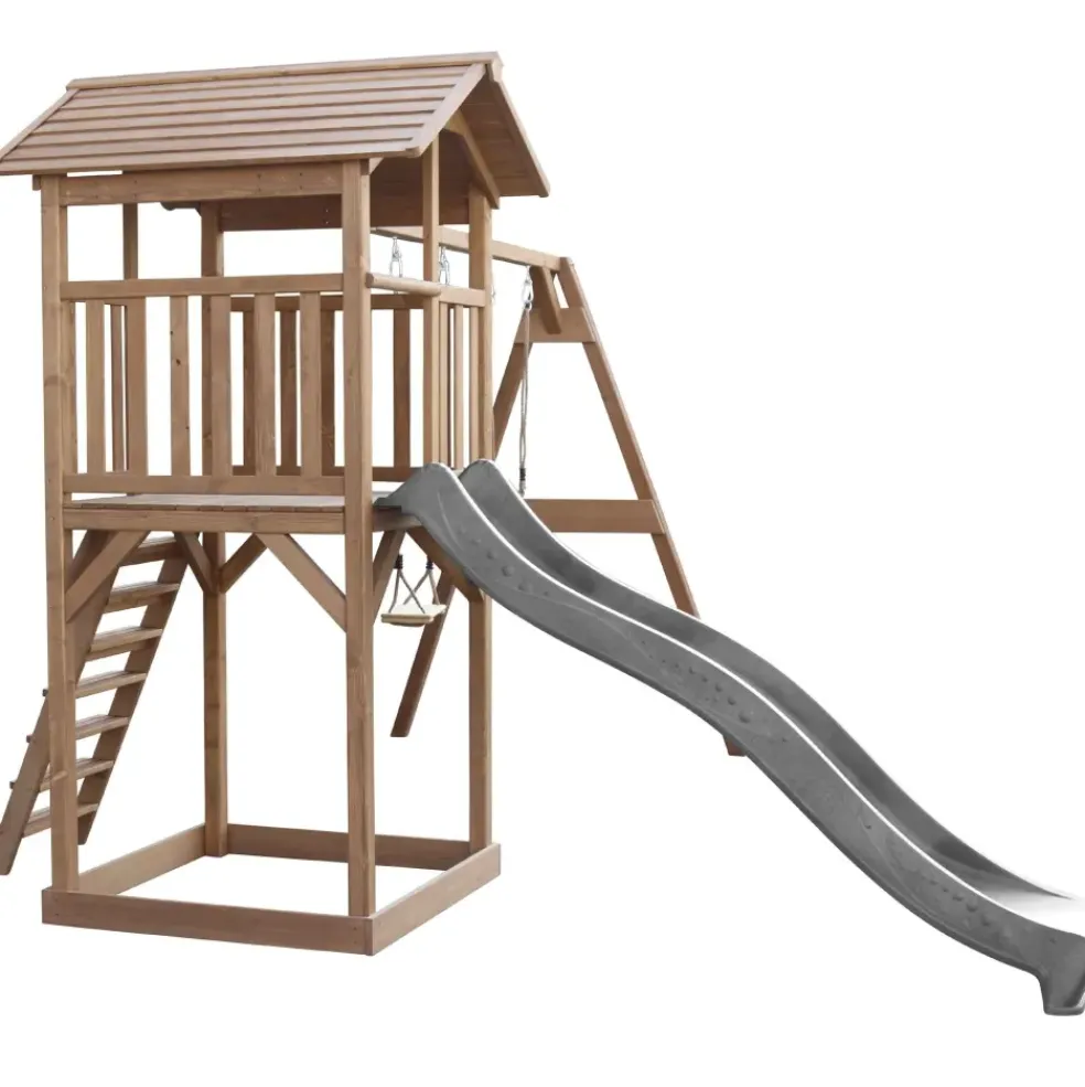 Aire de jeux en bois marron avec 2 balançoires et toboggan bleu Beach Tower Axi