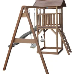 Aire de jeux en bois marron avec 2 balançoires et toboggan bleu Beach Tower Axi