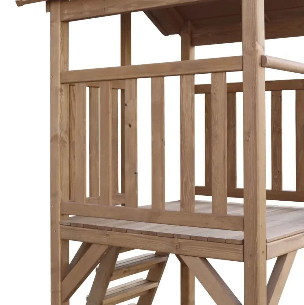 Aire de jeux en bois marron avec 2 balançoires et toboggan bleu Beach Tower Axi