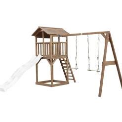 Aire de jeux en bois marron avec 2 balançoires et toboggan bleu Beach Tower Axi