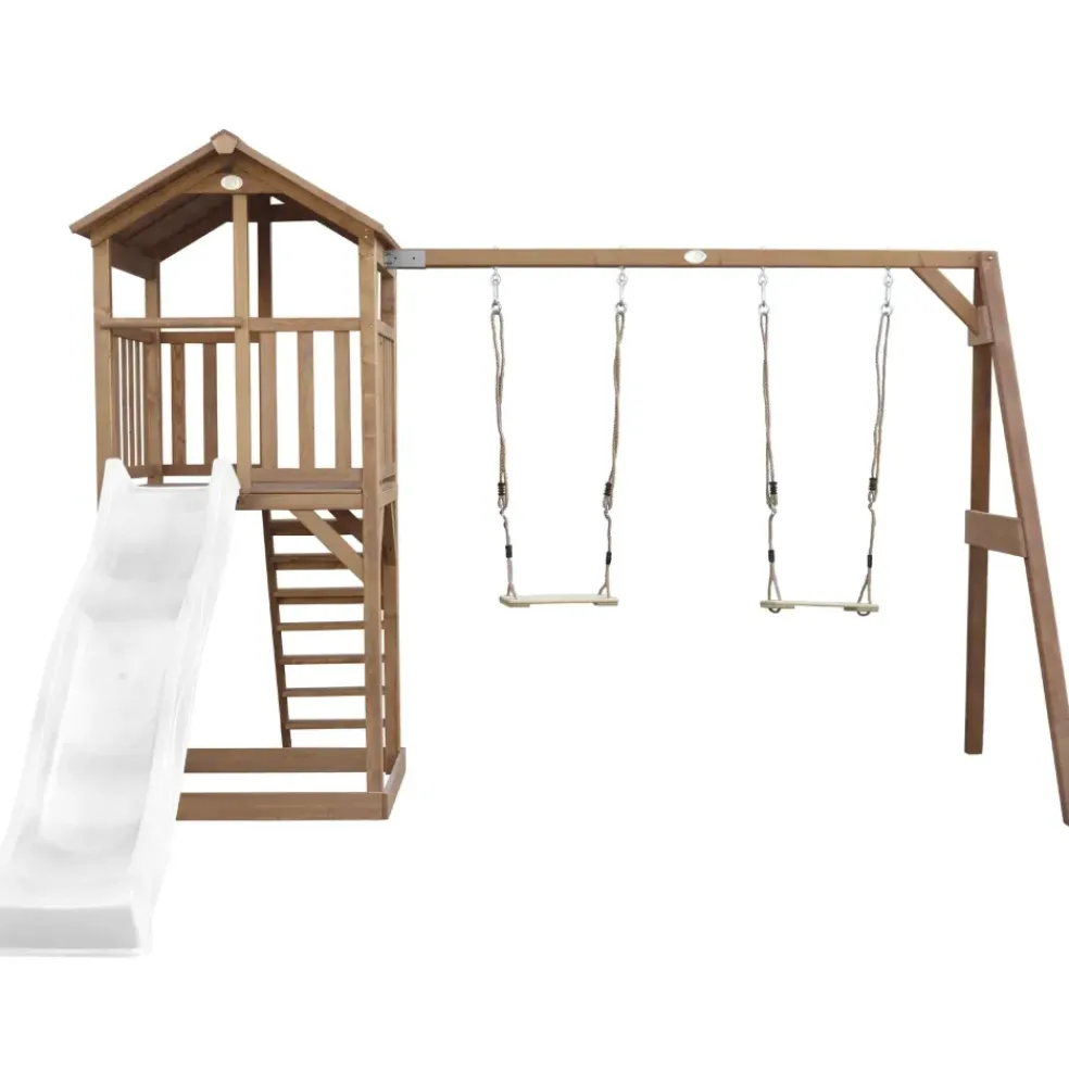Aire de jeux en bois marron avec 2 balançoires et toboggan bleu Beach Tower Axi