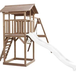 Aire de jeux en bois marron avec 2 balançoires et toboggan bleu Beach Tower Axi