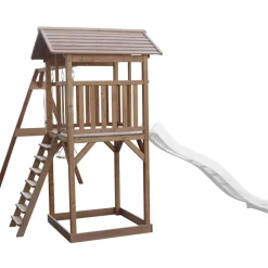 Aire de jeux en bois marron avec 2 balançoires et toboggan bleu Beach Tower Axi