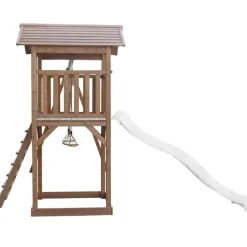 Aire de jeux en bois marron avec 2 balançoires et toboggan bleu Beach Tower Axi