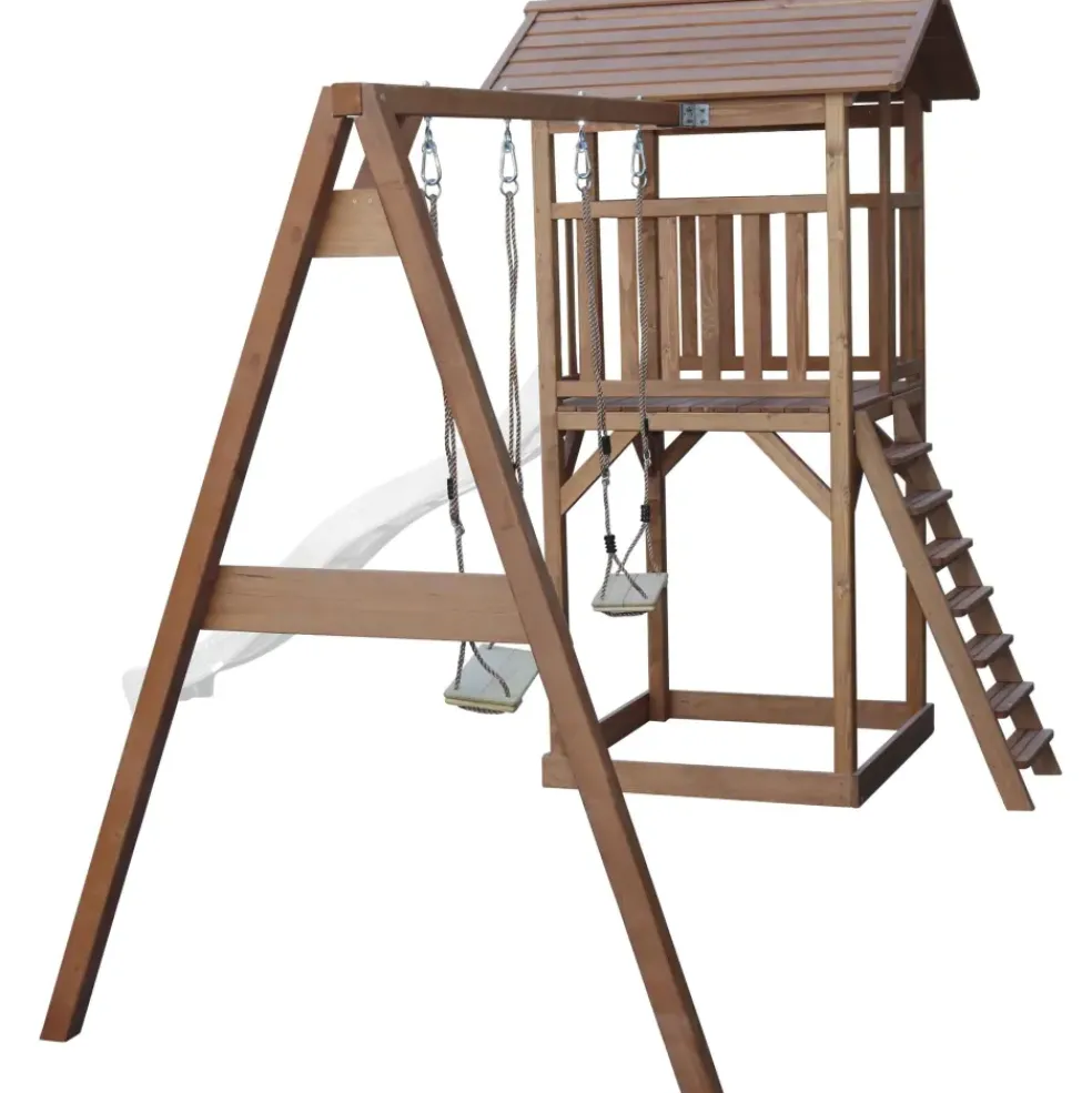 Aire de jeux en bois marron avec 2 balançoires et toboggan bleu Beach Tower Axi